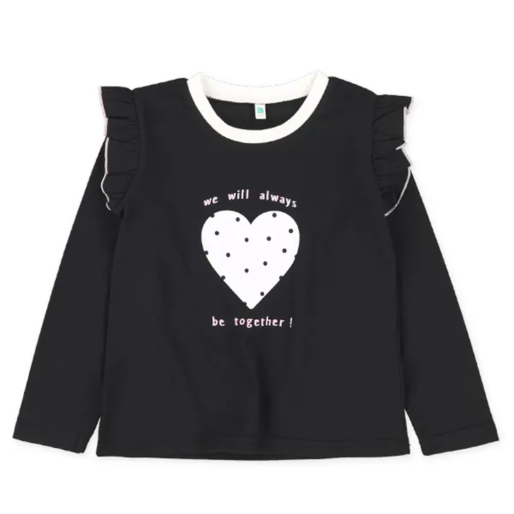 荷葉肩少女印花長袖上衣-愛心-黑