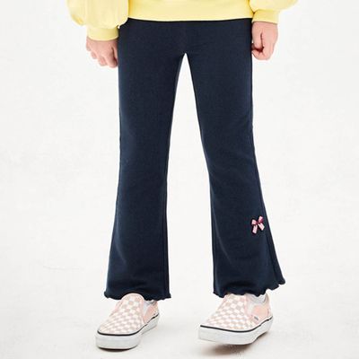 韓國 Jelispoon - 鬆緊腰刺繡蝴蝶結點綴小喇叭內搭褲-黑藍