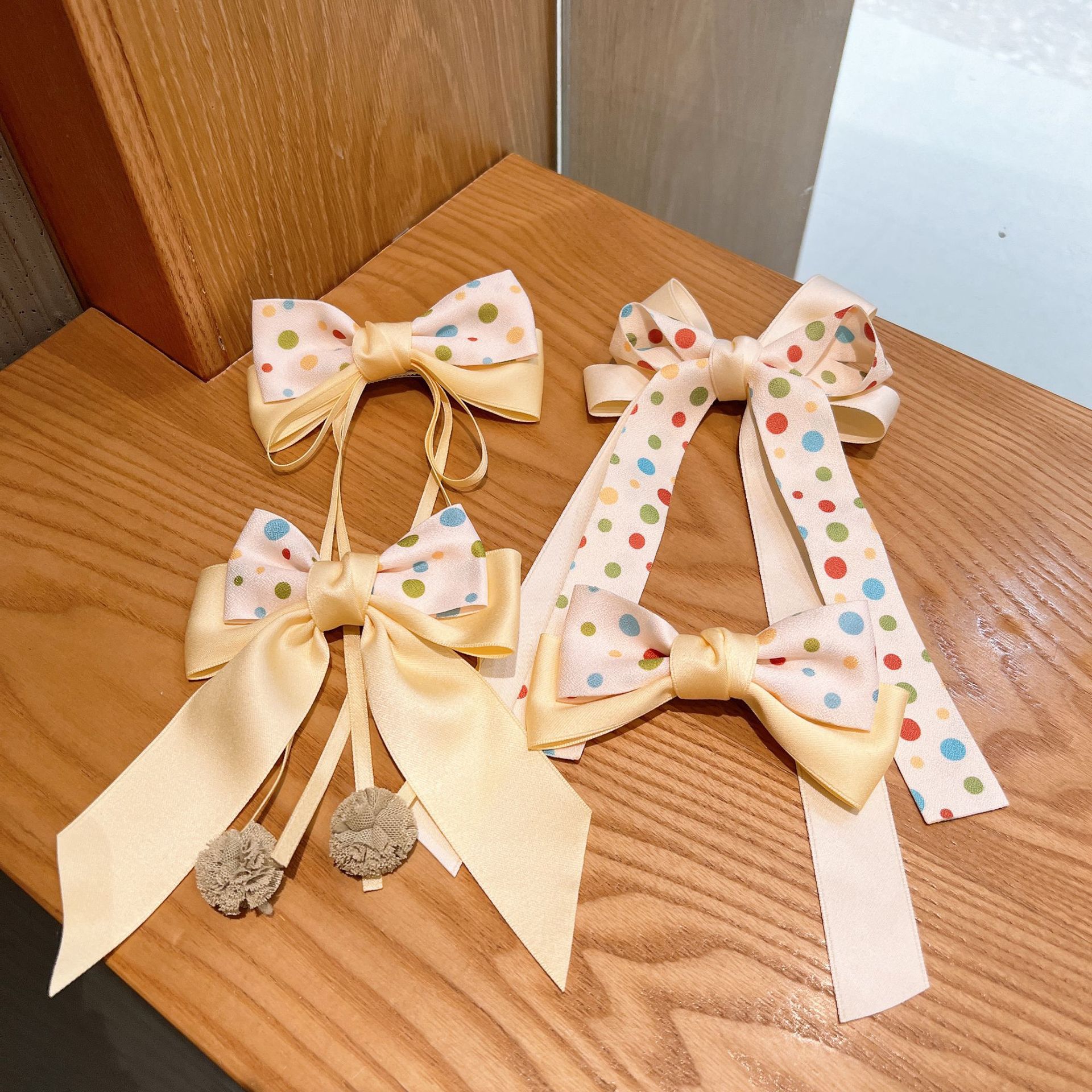 小清新布藝蝴蝶結圓點髮夾-拼色款-米白+黃