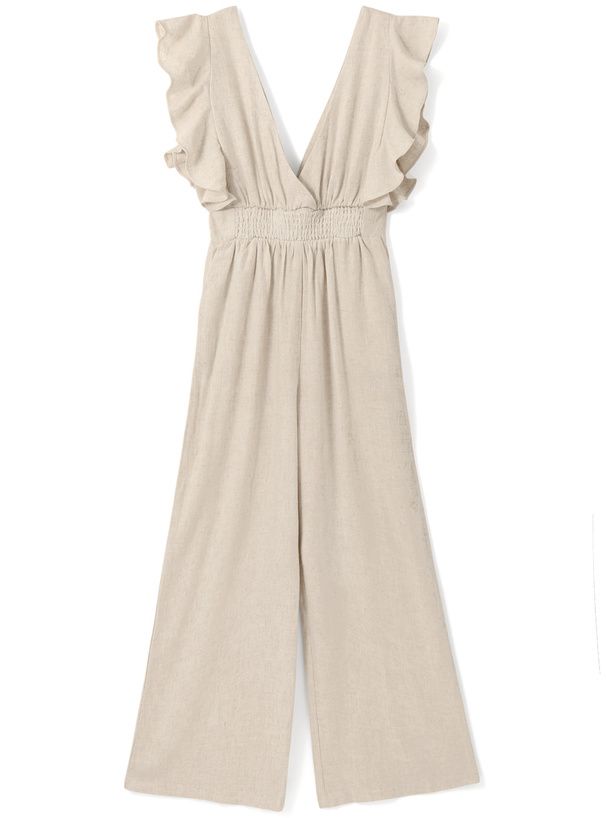 日本 GRL - V領棉麻荷葉邊修身吊帶褲-米杏