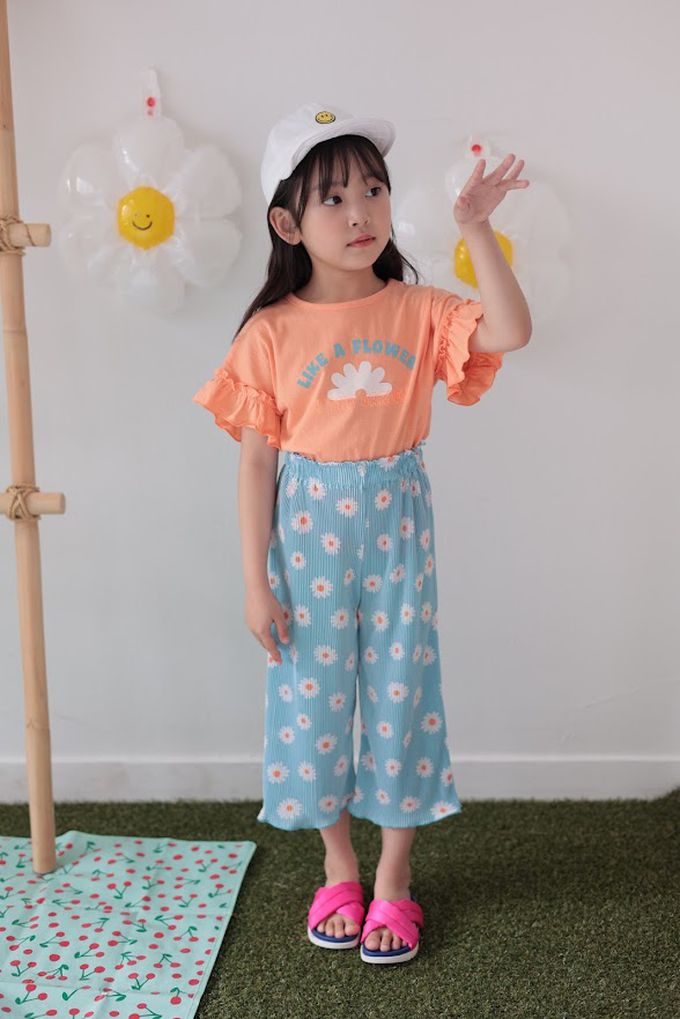 韓國 Dalla - 鬆緊腰日常穿搭小花長褲-天藍