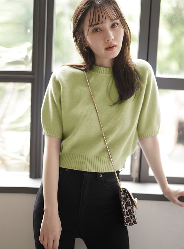 日本 GRL - 百搭短版五分袖針織上衣-淺橘