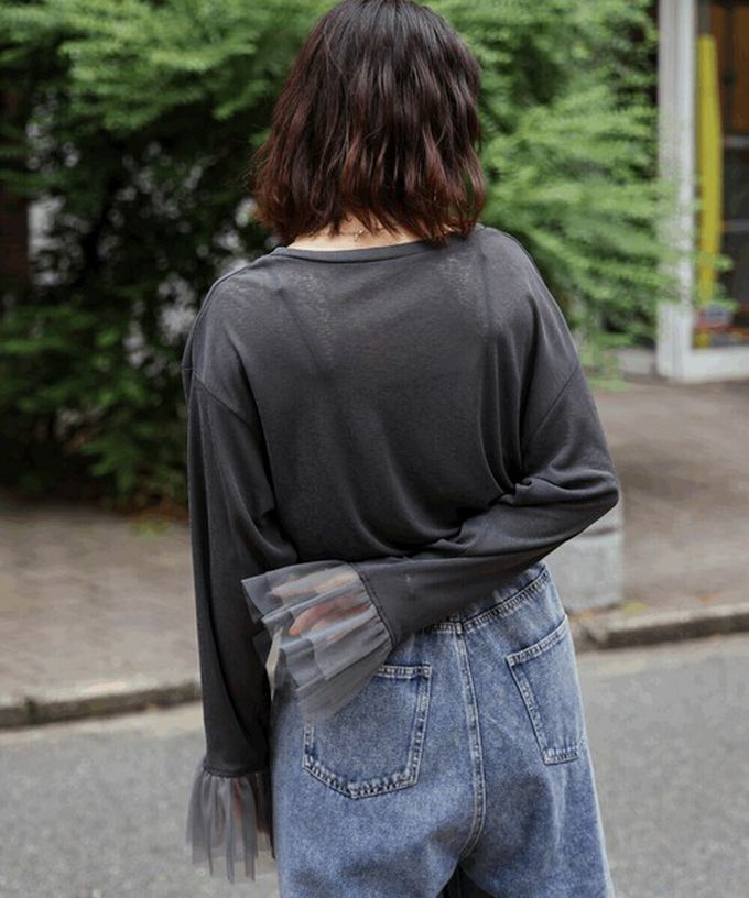 日本 Bab - 雙層薄紗拼接俏麗長袖上衣-象牙白