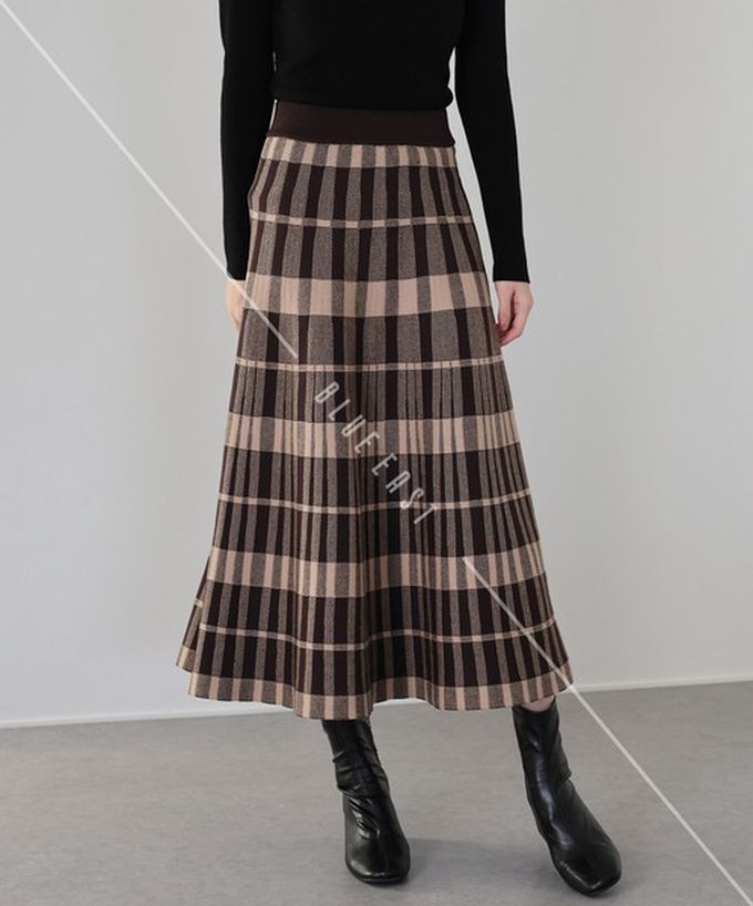 日本 BLUE EAST - 氣質女伶全腰鬆緊皺摺長裙-格紋-咖啡 (M)
