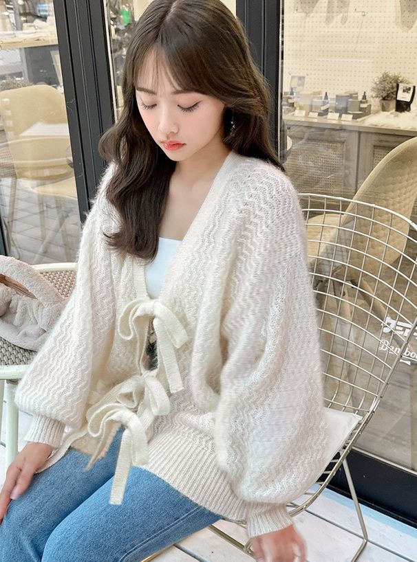 日本 GRL - 甜美綁帶開襟針織外套-淺粉 (F)