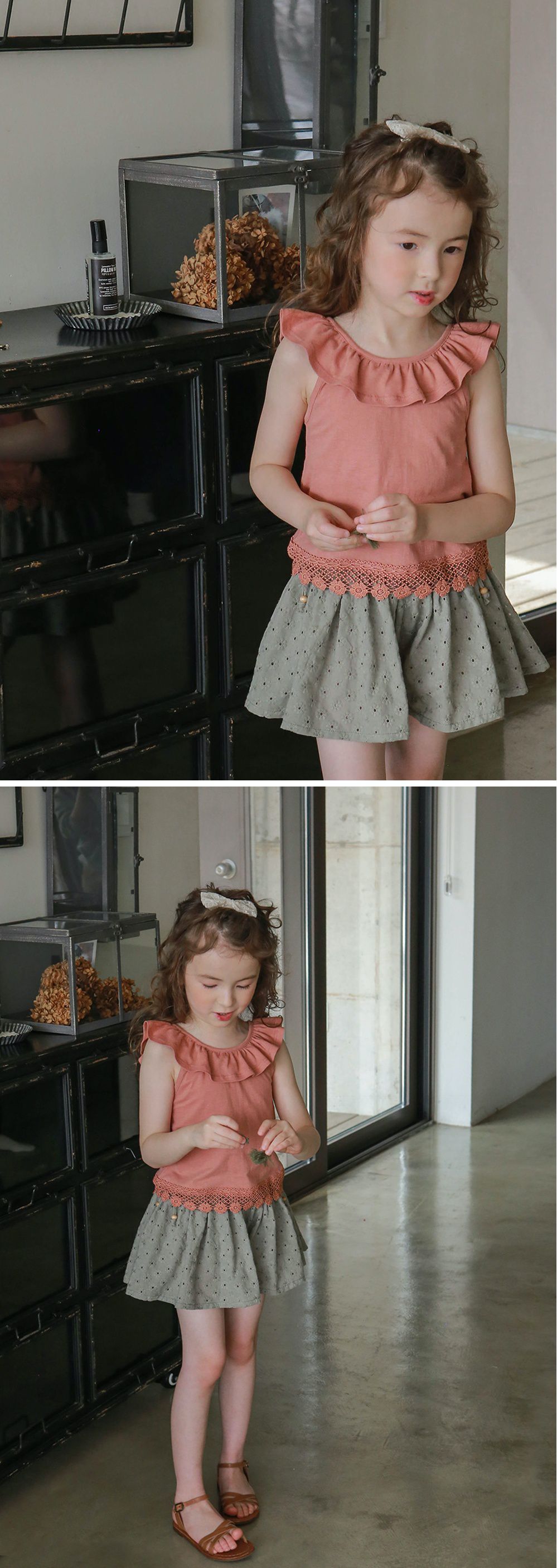 韓國 PuellaFLO - 荷葉圓領菱格鏤空露背上衣-磚紅