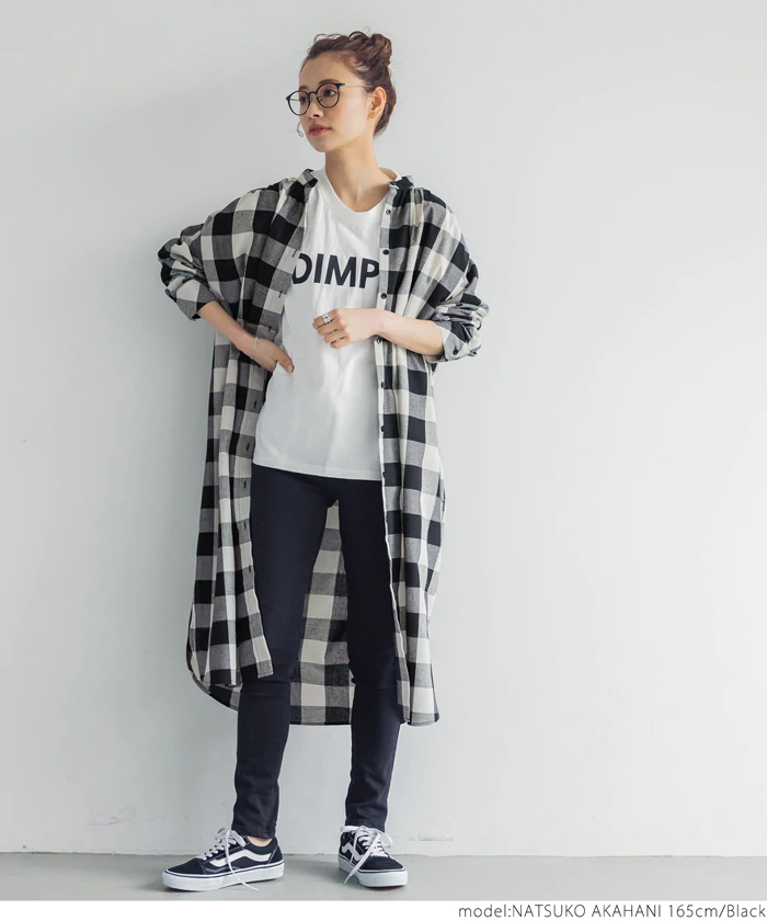 日本 COCA - 復古百搭黑白格子薄長袖襯衫洋裝/外套-黑白