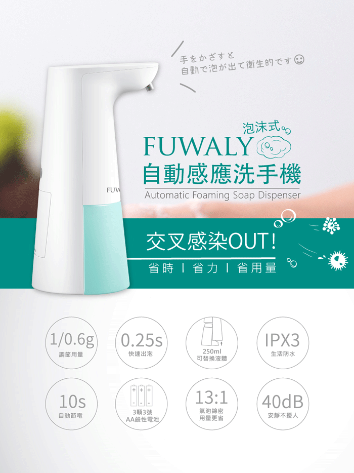 日本 Fuwaly - 微笑泡泡給皂機/自動感應洗手機-白色 + PHILIPS超鹼電池3號4入 + 日本獅王洗手慕斯補充包2入-超值組