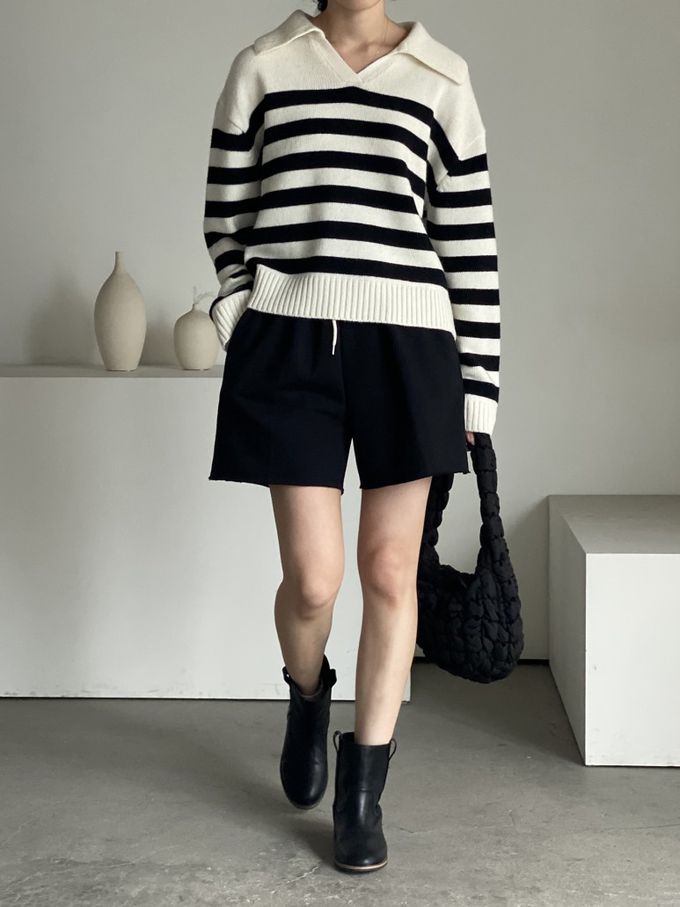 韓國女裝連線 - 精選美麗諾羊毛翻領上衣-米白底X黑條紋 (FREE)