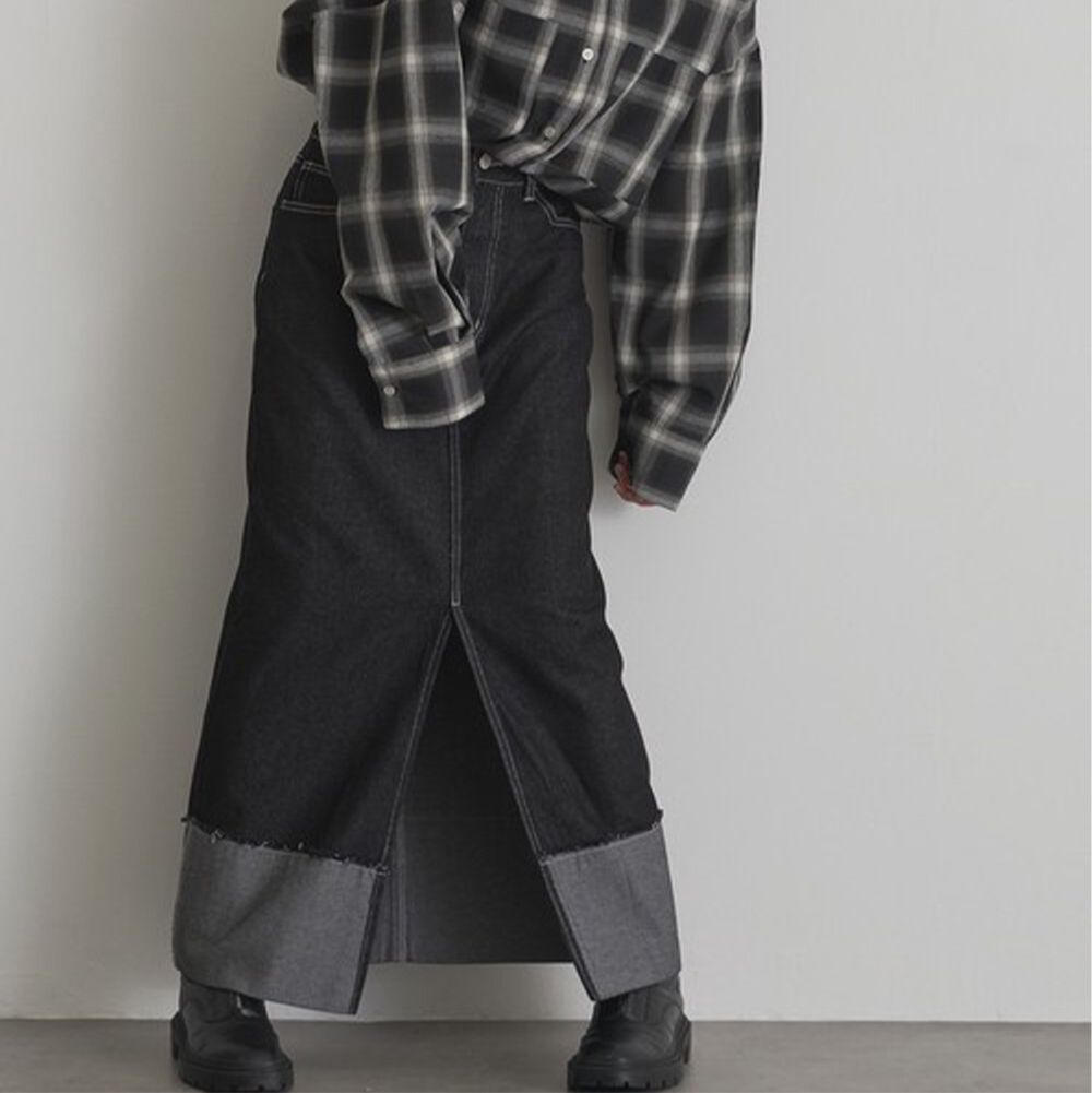 10oz抽鬚摺邊俐落前開叉牛仔長裙-黑