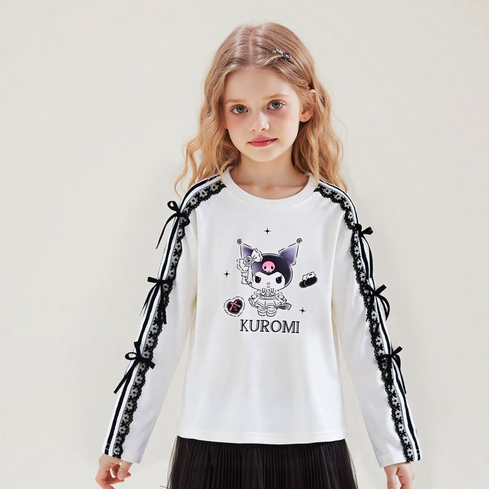 純棉蕾絲蝴蝶結長袖上衣-卡通人物酷洛米-白色