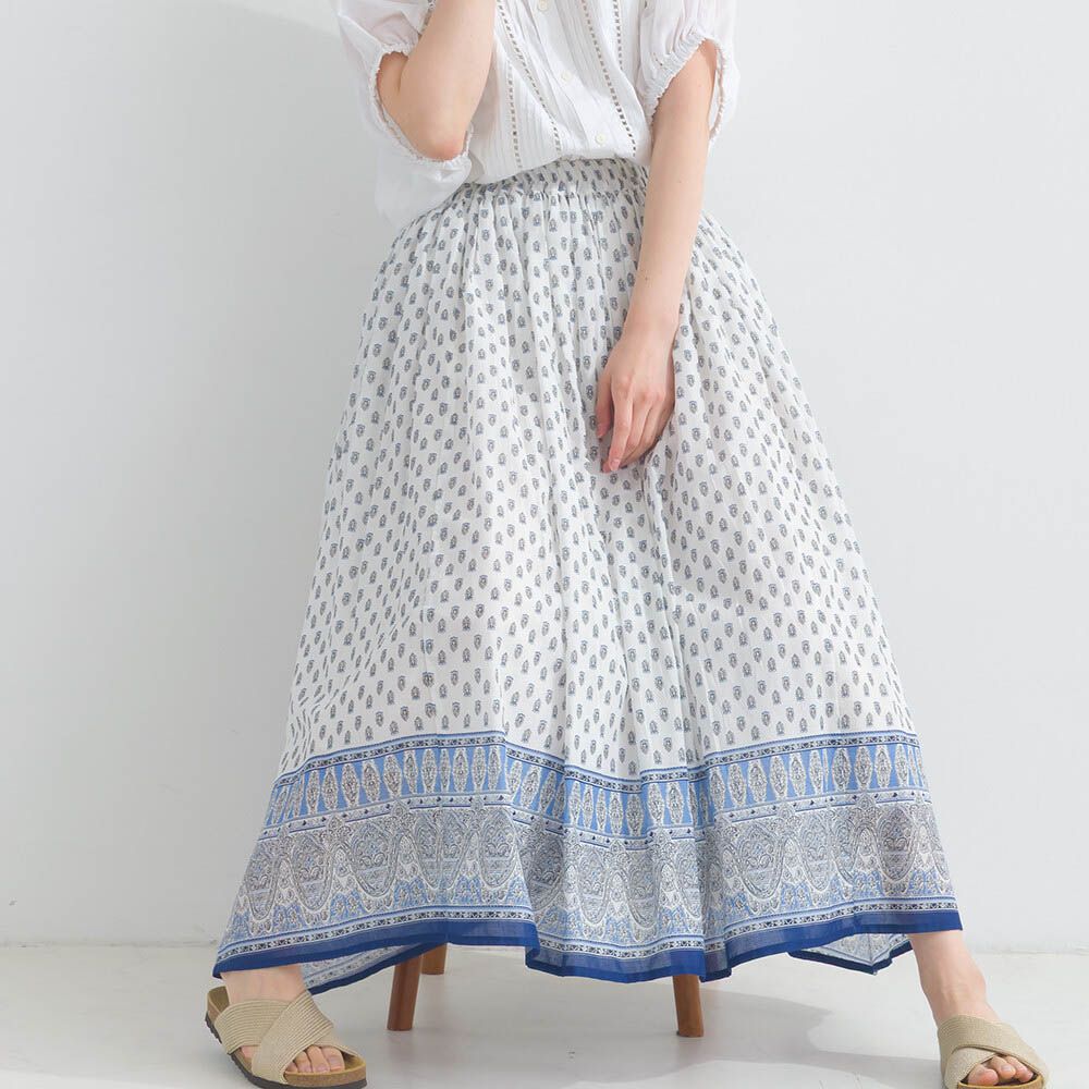 100%印度棉 清新印花柔軟長裙-圖騰-白