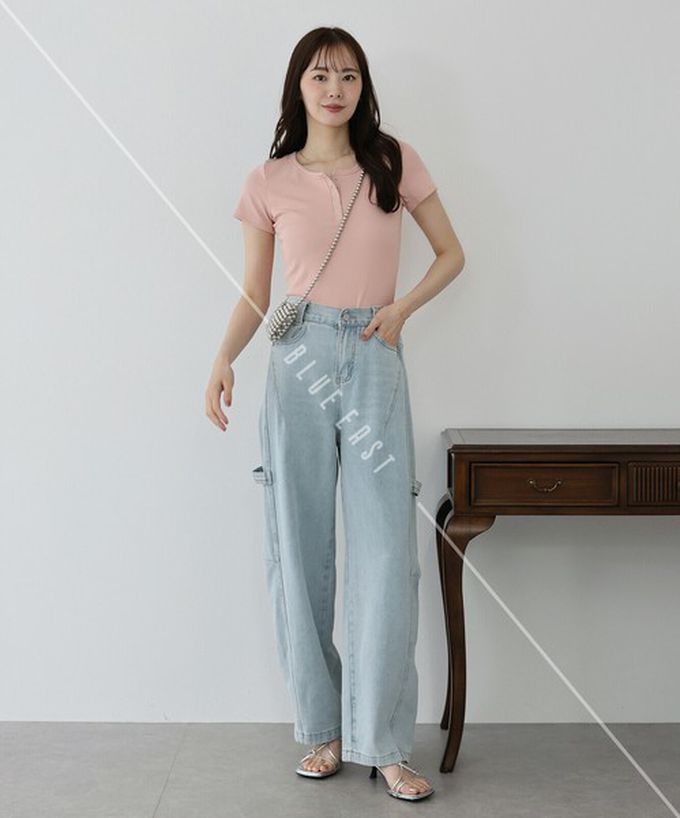 日本 BLUE EAST - 亨利領合身美型短袖上衣-粉紅