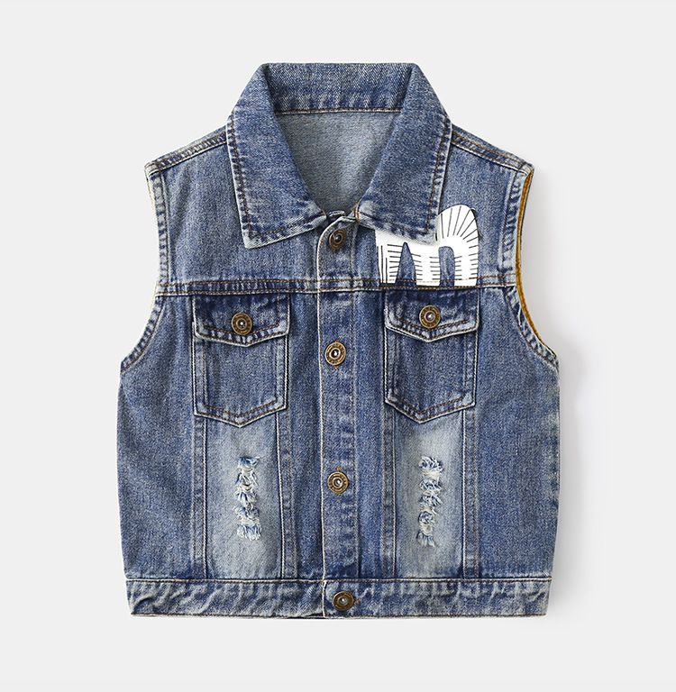 WELLKIDS - 復古簡約牛仔開衫背心-熊熊-牛仔藍