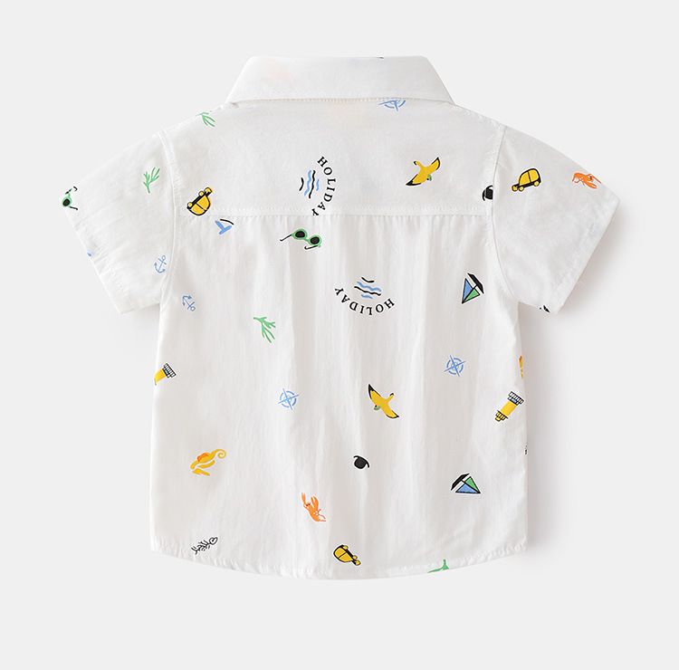 WELLKIDS - 渡假風休閒翻領短袖襯衫-帆船+燈塔-藍色