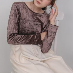 日本 Bab - 柔軟光澤時尚天鵝絨長袖上衣-咖啡