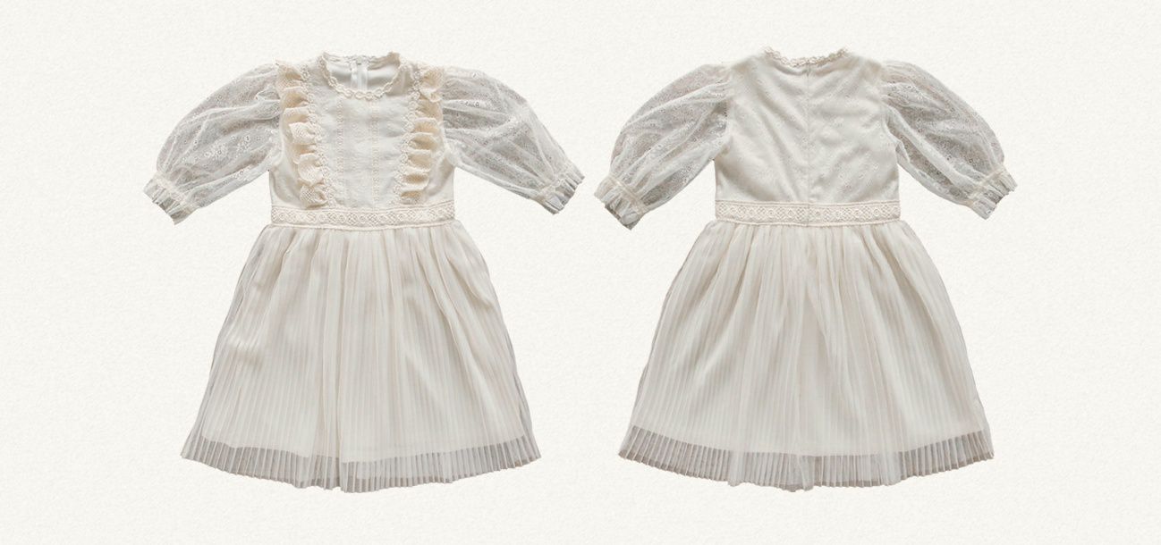 韓國 Puellaflo - 精緻蕾絲透膚袖百褶網紗洋裝-米白