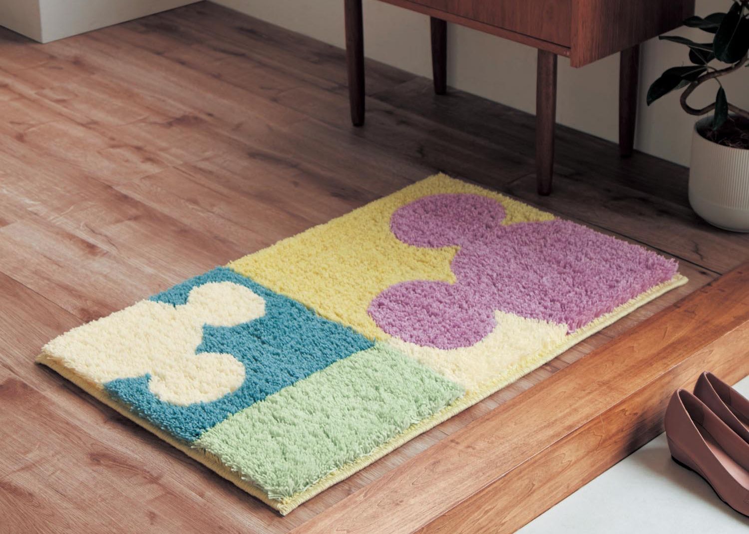 日本千趣會 - 迪士尼 日本製 腳踏墊(玄關/房門)-米奇撞色格子-綠紫色系