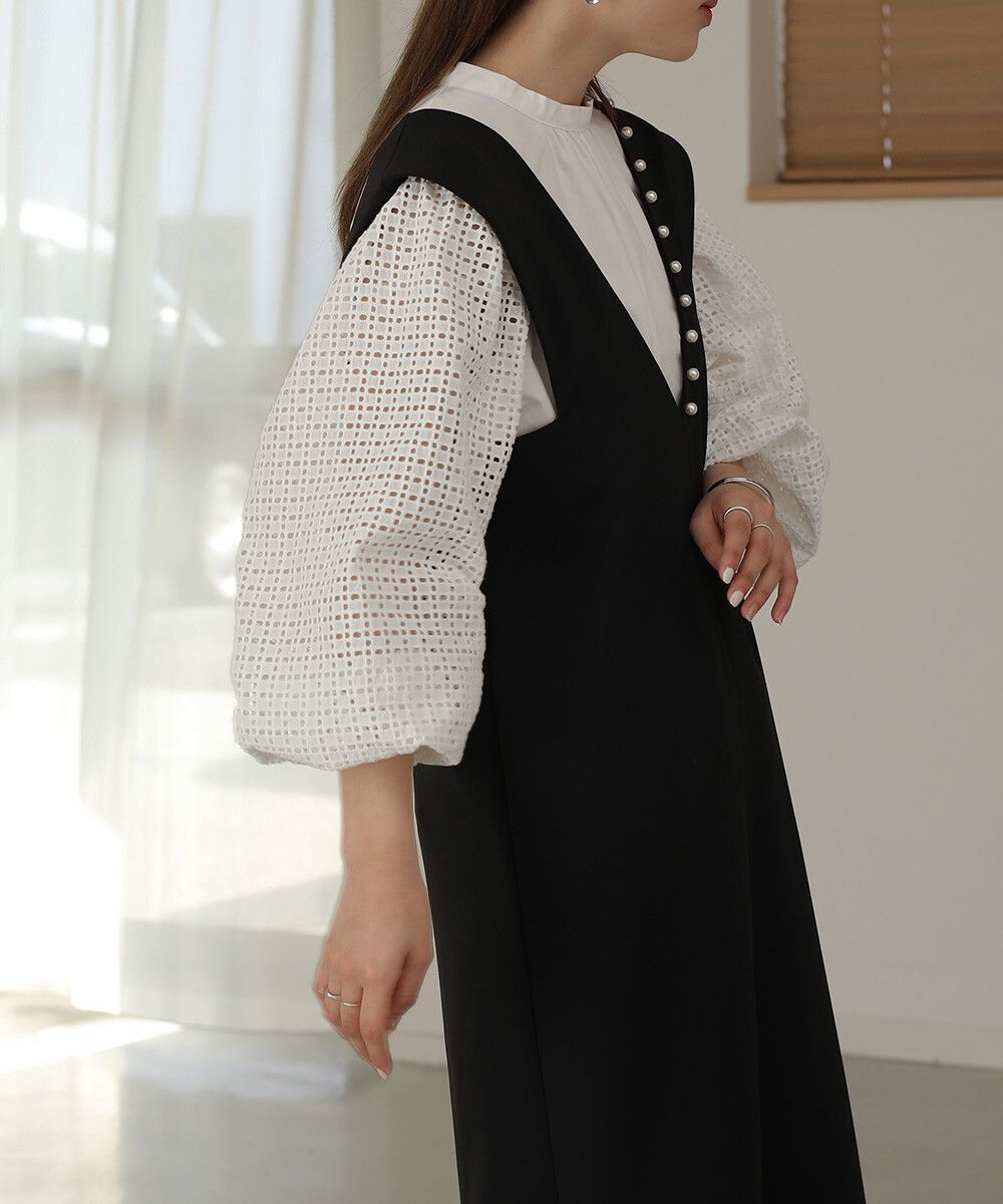 日本 Bab - 棉質立領雕花泡泡袖上衣-氣質米