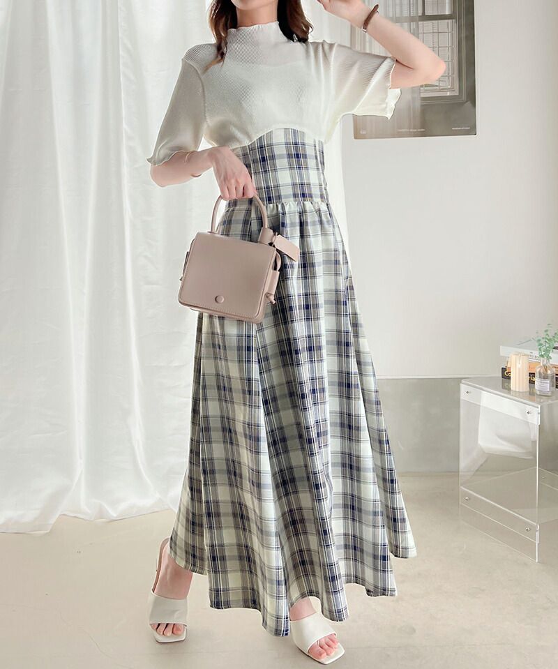 日本 Classical Elf - 浪漫格紋拼接後綁帶短袖洋裝-經典黑