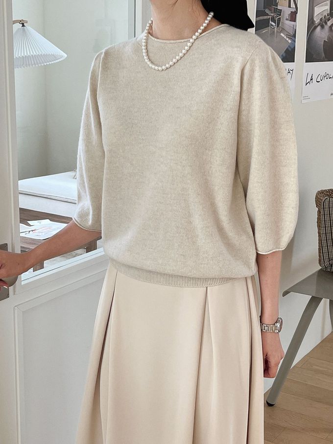 韓國女裝連線 - 不刺膚！喀什米爾羊毛七分袖針織上衣-燕麥 (FREE)