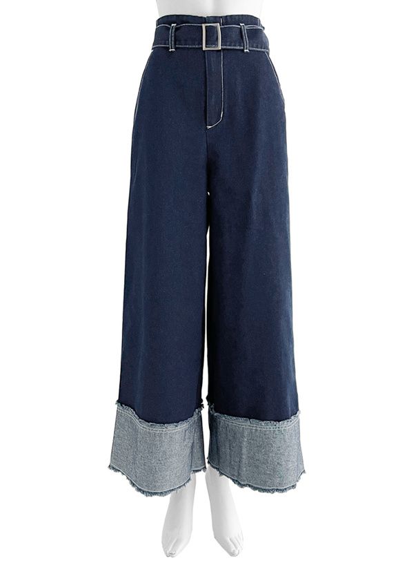 日本 GRL - 復古反折丹寧美腿寬褲-深藍