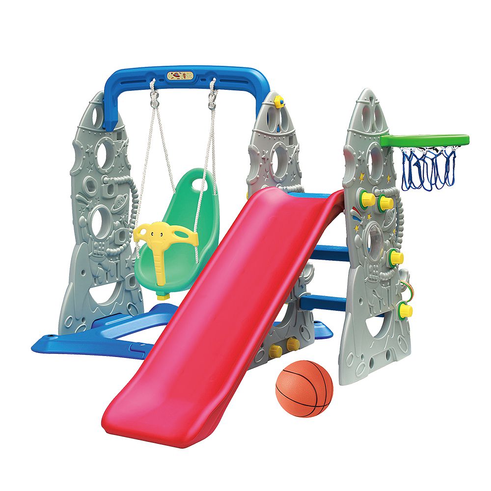 親親 Ching Ching - 100%台灣製造 火箭溜滑梯+鞦韆歡樂組 銀灰色(附籃球框/籃球+套圈圈)SL-19