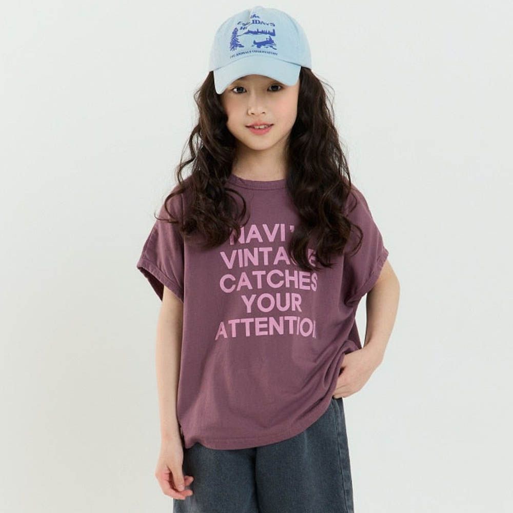 韓製100%純棉 NAVI文字落肩短袖上衣-酒紅