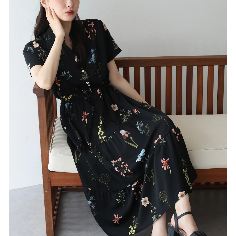 [推薦]接觸冷感 氣質排釦短袖洋裝-大花-黑