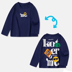 BE TOP - 純棉圓領薄長袖上衣-時尚標語標籤-藏青