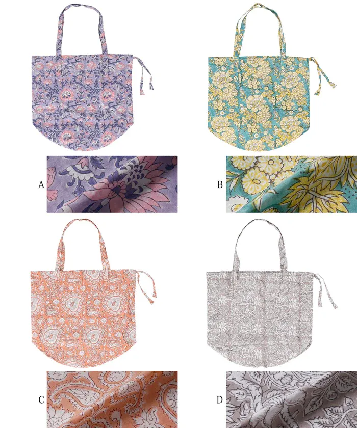 日本 COCA - 100%印度棉木刻版印刷抽繩托特包/購物袋-粉紫