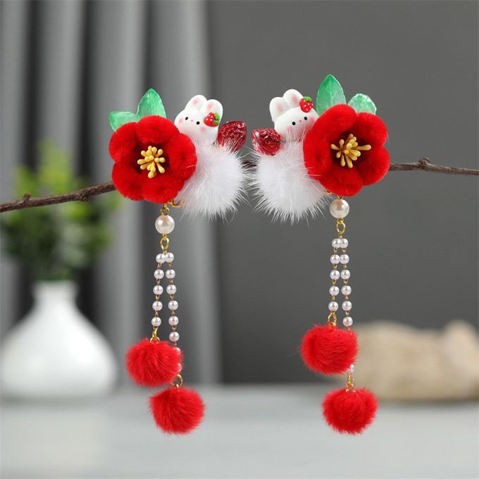 可愛小兔紅色絲絨蝴蝶結毛球吊墜髮飾對夾 新年拜年紅色髮飾