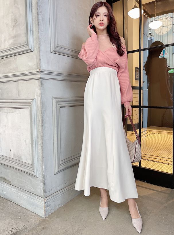 日本 GRL - 高腰浪漫魚尾長裙-米