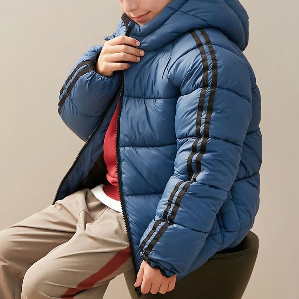 可機洗 輕量連帽保暖羽絨外套-袖子線條-深藍