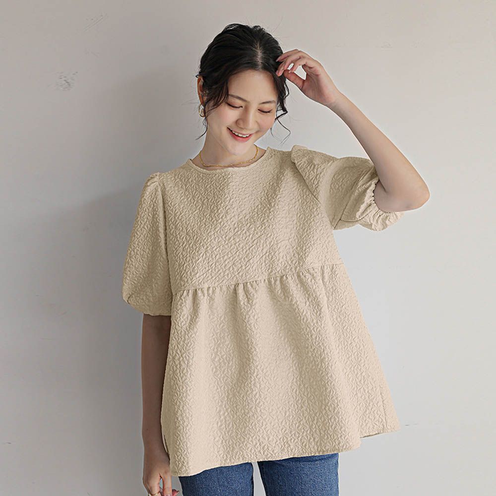 甜美減齡後綁帶泡泡袖上衣-卡其色