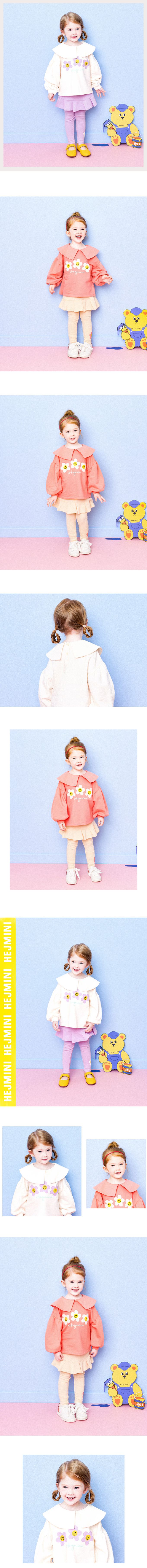 韓國 HEJMINI - 微笑白花裝飾澎袖內搭褲裙套裝-粉X淡橘