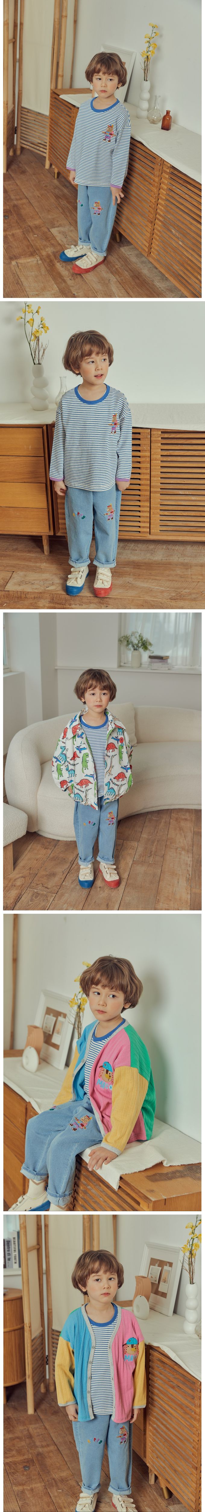 韓國 Mimico - 條紋圓領長袖上衣-花豹滑板-黑灰