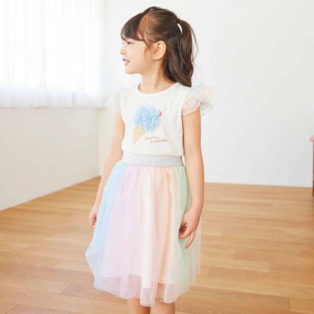 日本 evercloset - 絕美立體冰淇淋薄紗短袖洋裝-彩虹