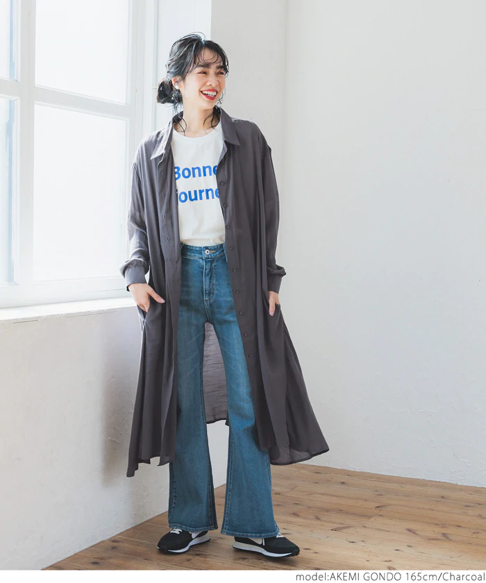 日本 COCA - 寬鬆傘狀薄長袖襯衫洋裝/外套-粉