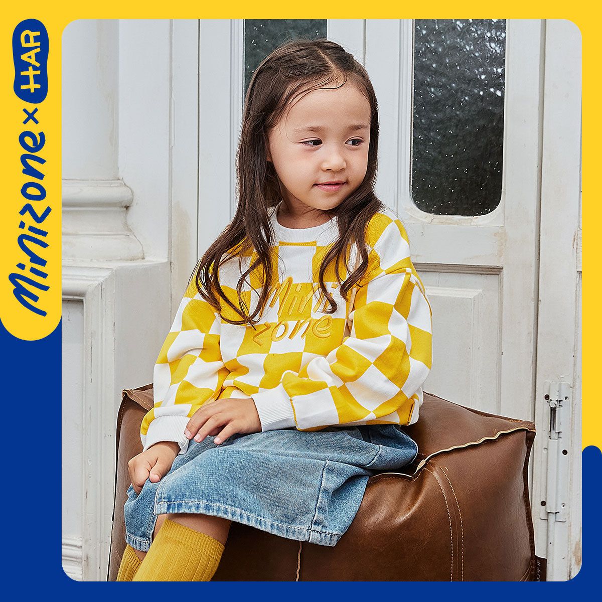 Minizone - 格紋圓領長袖上衣-英文字母-黃+白