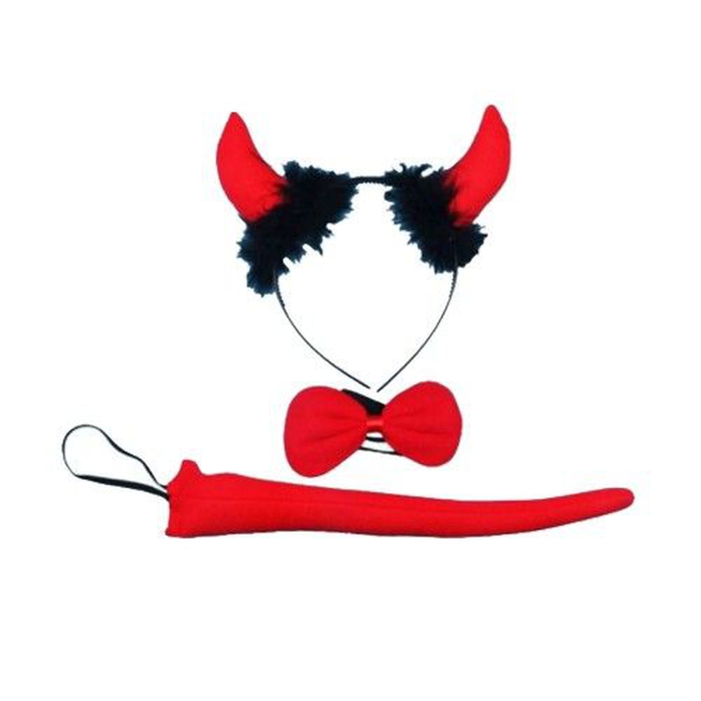 MODACore 摩達客 - 萬聖節派對造型道具-紅色小惡魔領結裝扮三件組(牛角毛毛髮箍+領結+尾巴)-一組三件組