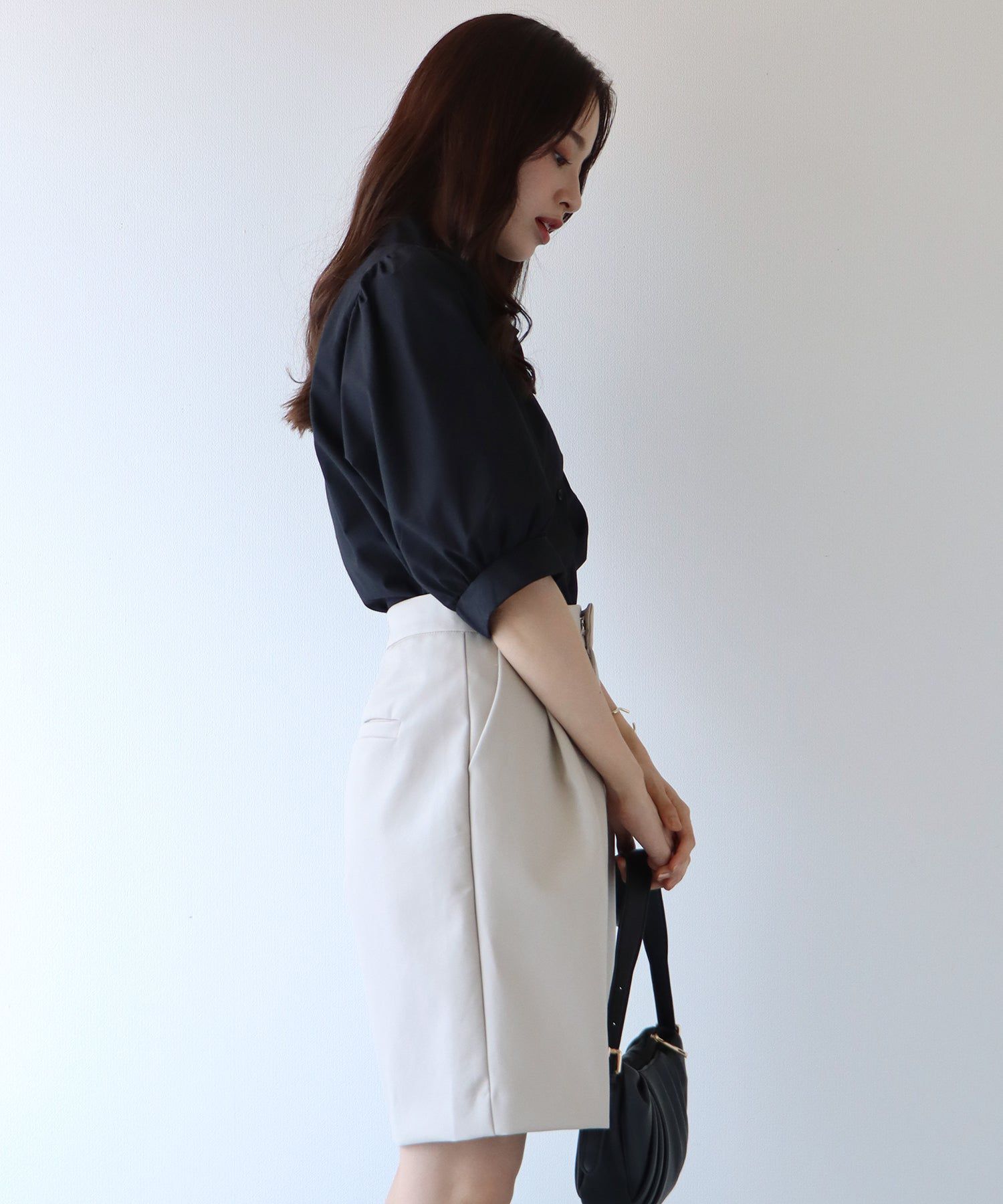 日本 BLUE EAST - 百搭翻領澎澎袖襯衫-直條紋-水藍