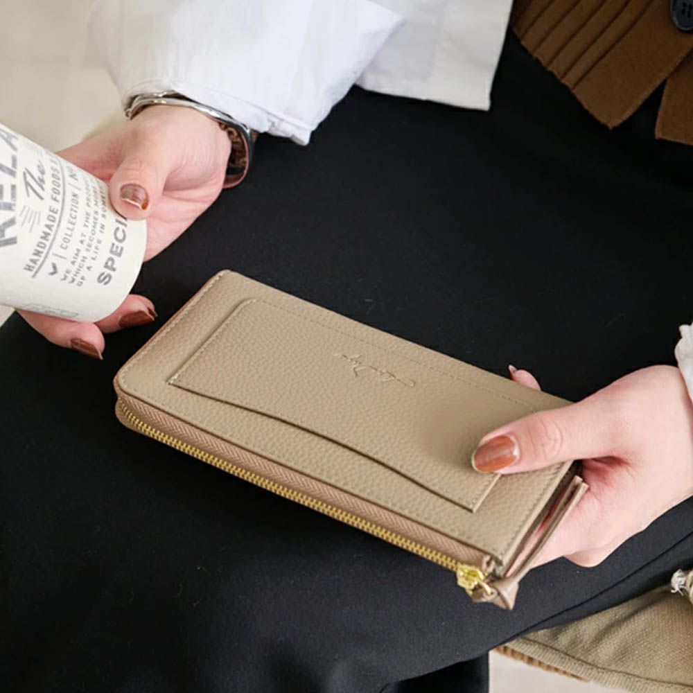 極輕巧-3cm薄型雅緻真皮長夾-卡其 (17.3x9.2cm)