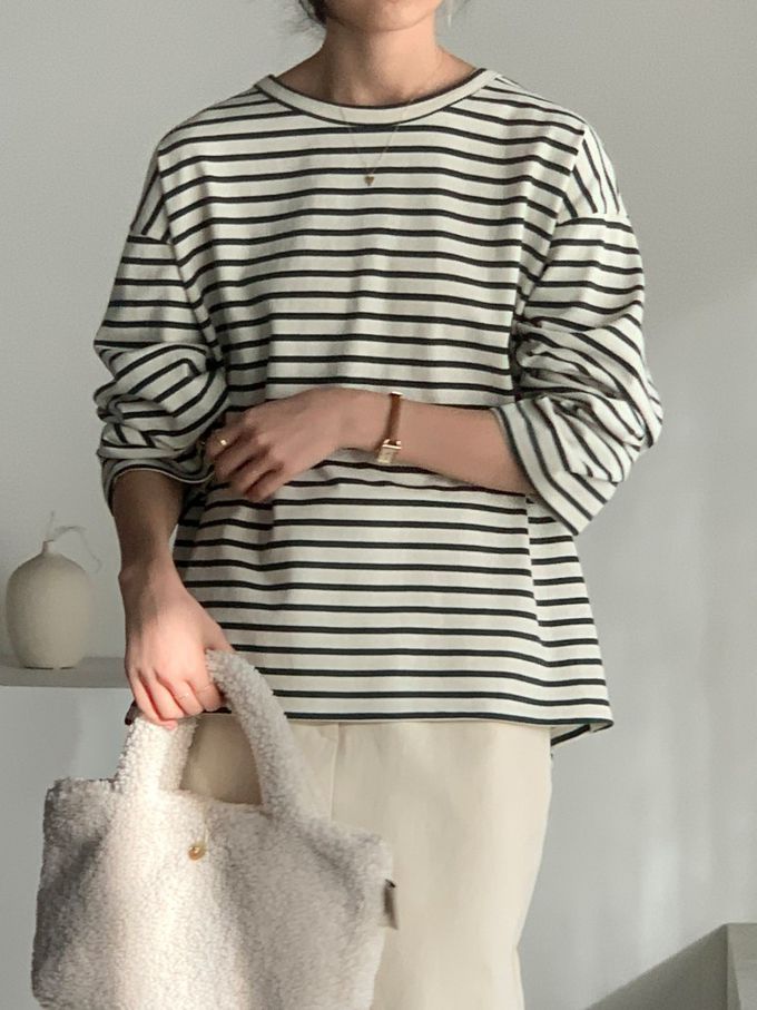 韓國女裝連線 - 不對稱後開衩條紋長袖上衣-墨綠 (FREE)