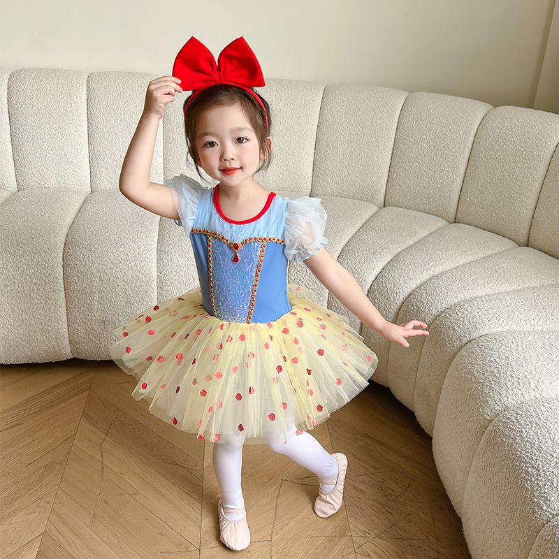 短袖造型公主裙/芭蕾舞裙-圓點寶石-藍+奶油黃