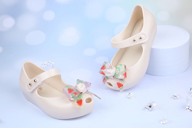 Melissa - 草莓蝴蝶結米杏色兒童魚口涼鞋香香鞋-米杏色