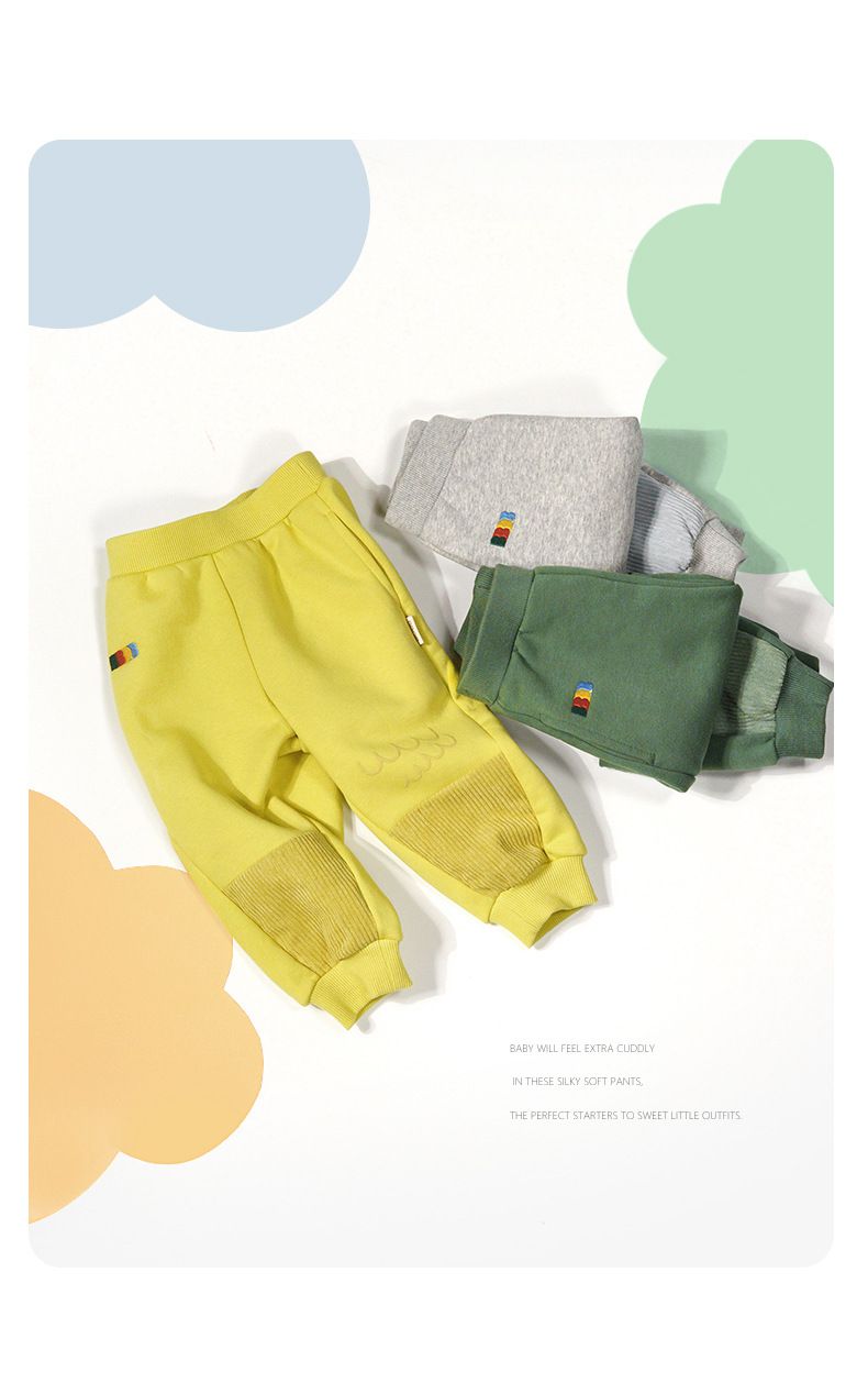 Minizone - 加絨拼接束口長褲-刺繡小波浪-黃色