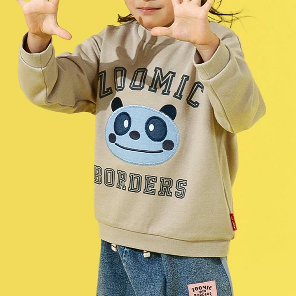 丹寧風小熊裏毛長袖上衣-縫線小熊臉-卡其