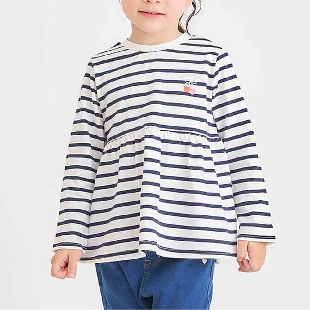 天天穿飄逸荷葉邊長袖上衣-條紋櫻桃-黑X白