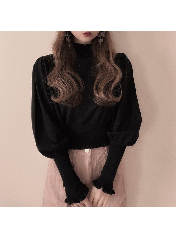 日本 GRL - 歐風立領澎澎袖針織上衣-象牙杏